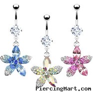 Belly ring with dangling jeweled multi-toned flower
