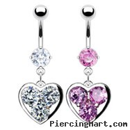 Belly ring with dangling heart with big gems
