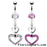 Belly ring with dangling jeweled linked hearts