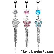Belly button ring with dangling jeweled butterfly with chains