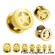 Pair Of Gold Tone Surgical Steel Screw Fit Tunnels with Star