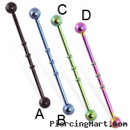 Titanium anodized triple notched industrial barbell, 14 ga