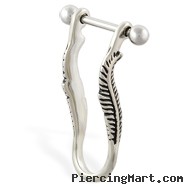 Straight helix barbell with dangling feather cuff , 16 ga