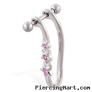 Straight helix barbell with dangling pink jeweled star cuff , 16 ga
