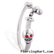 Straight helix barbell with dangling red eyed skull and sword cuff , 16 ga