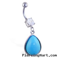Belly ring with big dangling lt blue teardrop