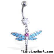 Belly ring with dangling lt blue and pink dragonfly