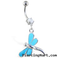 Belly ring with dangling light blue dragonfly
