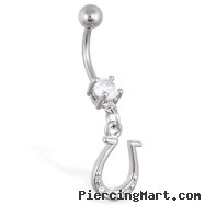 Belly ring with dangling jeweled horseshoe