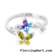 .925 sterling silver multi-colored jeweled butterfly toe ring