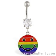 Navel ring with dangling rainbow smiley face