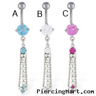 Belly ring with dangling jeweled chain and square