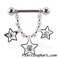 Nipple ring dangling jeweled chain and stars, 12 ga or 14 ga