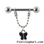 Nipple ring with dangling butterfly on chain, 12 ga or 14 ga