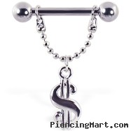 Nipple ring with dangling money sign, 12 ga or 14 ga