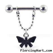 Nipple ring with dangling butterfly on chain, 12 ga or 14 ga