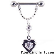 Nipple ring with dangling chain and heart with center gem, 12 ga or 14 ga