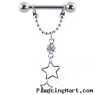 Nipple ring with dangling chain and stars, 12 ga or 14 ga