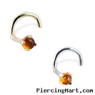 14K Gold Nose Screw with 2mm Round Cabochon Amber, 20 Ga