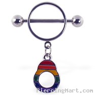 Nipple ring with dangling rainbow handcuff