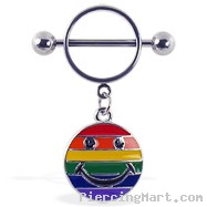 Nipple ring with dangling rainbow smiley face