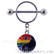 Nipple ring with dangling rainbow ying-yang