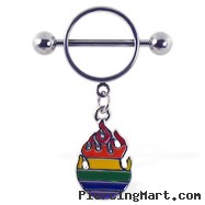 Nipple ring with dangling rainbow flame