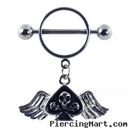 Nipple Ring with Dangling Skull with Wings