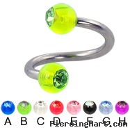 Spiral barbell with acrylic jeweled balls, 12 ga