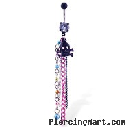Belly button ring with black skull and multicolor dangles