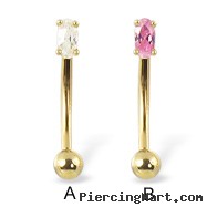 14K yellow gold curved barbell with oval shaped gem, 16 ga