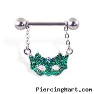 Nipple Ring with Dangling Green Masquerade Mask, 14 Ga