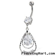 Belly button ring with big gem and teardrop dangle