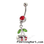 Belly button ring with dangling jeweled cherry