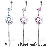 Belly button ring with jeweled round charm and two dangles
