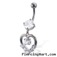 Belly button ring with round gem and dangling jeweled heart