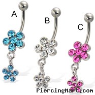 Belly button ring with two jeweled flowers