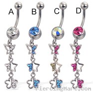 Belly button ring with dangling jeweled butterfly, star, and flower