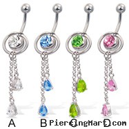 2-in-1 belly button jewelry with slide-off ring and two teardrops on dangles