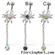 Spider belly button ring with dangling gem