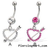 Belly button ring with dangling jeweled heart and arrow