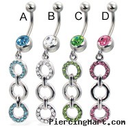 Belly button ring with three-ring jeweled dangle