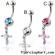Belly button ring with dangling jeweled cross