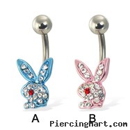 Belly button ring with blue jeweled playboy bunny