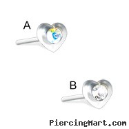 Sterling silver heart with stone straight nose bone, 20 ga