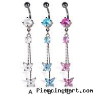 Belly button ring with two butterflies on dangles