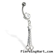 Belly button ring with three rings on dangles