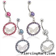 Belly ring with dangling amethyst jeweled butterfly circle