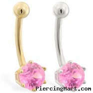 14K Gold belly button ring with 6-prong Pink Tourmaline