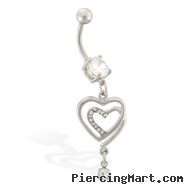 Belly ring with dangling jeweled double hearts with tiny CZ